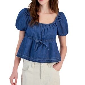 Denim Blue Puff-Sleeve Peplum Top